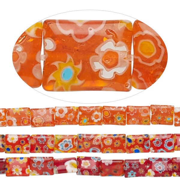 Bead mix, millefiori glass, translucent red-orange and multicolored, 10x8mm puffed rectangle with flower design. Sold per pkg of (3) 14-inch strands. image number 0