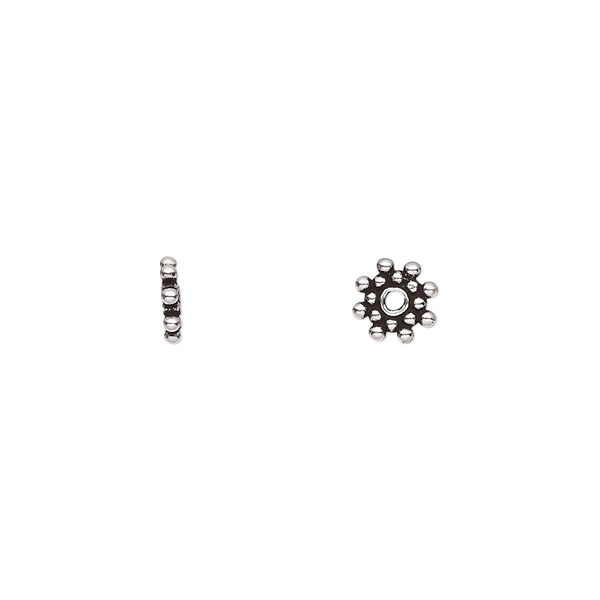 Bead, antiqued Rajasthani sterling silver, 6x1mm beaded rondelle. Sold per pkg of 10. image number 0