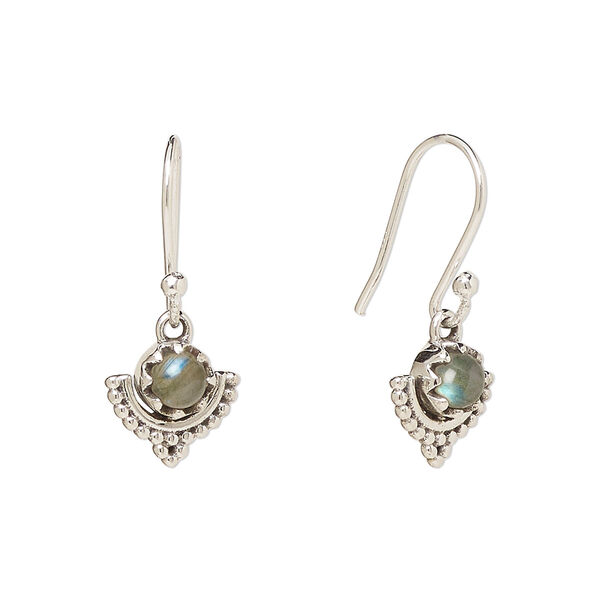 Ear wire, Create Compliments®, antiqued sterling silver and labradorite (natural), fishhook, 22m with 10mm single-sided beaded moon, 21 gauge. Sold per pair. image number 0