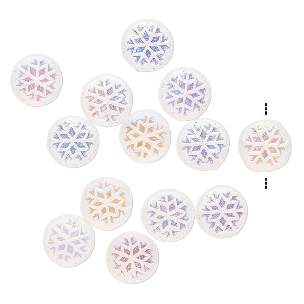 Bead, glass, frosted clear AB, 11mm puffed flat round with snowflake design. Sold per pkg of 13. image number 0