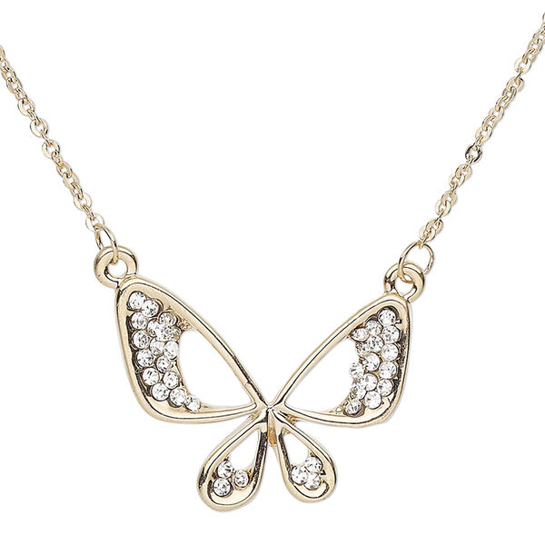 Necklace, Czech glass rhinestone / gold-finished steel / brass / "pewter" (zinc-based alloy), clear, 25x18mm butterfly, 18 inches with 2-inch extender chain and lobster claw clasp. Sold individually. image number 0