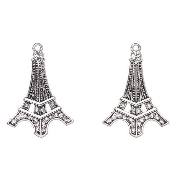 Focal, antique silver-finished "pewter" (zinc-based alloy) and glass, clear, 34x26mm Eiffel tower. Sold per pkg of 2. image number 0