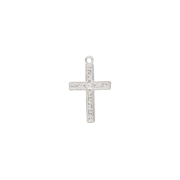 Drop, sterling silver, 14x10mm single-sided flat cross with diamond design. Sold individually. image number 0