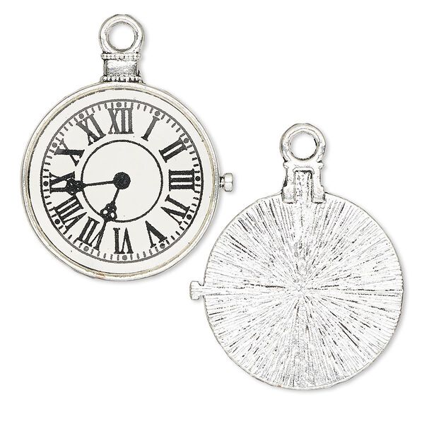 Focal, resin and antique silver-plated "pewter" (zinc-based alloy), black and white, 33x31mm single-sided pocket watch. Sold per pkg of 2. image number 0