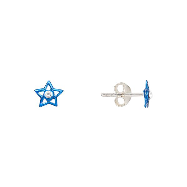 Earstud, Create Compliments®, enamel and sterling silver, blue, 6mm star. Sold per pair. image number 0