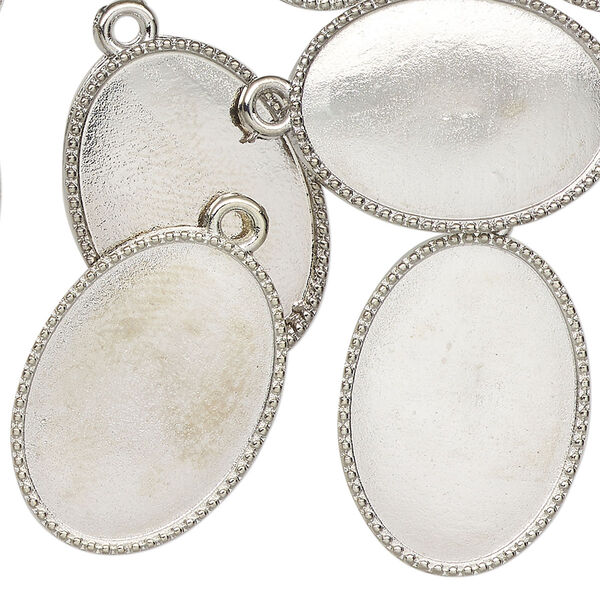 Drop, antique silver finish "pewter" (zinc-based alloy), 25x18mm beaded oval with 23x16mm oval setting. Sold per pkg of 12. image number 0