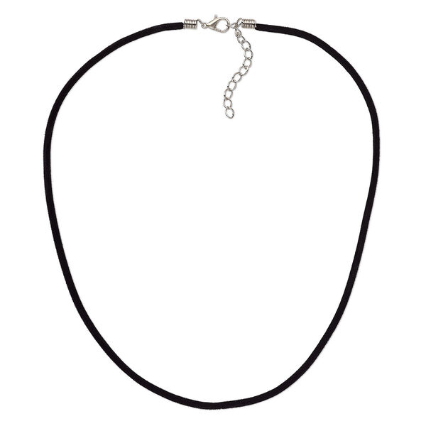 Necklace cord, velveteen with imitation rhodium-finished steel and "pewter" (zinc-based alloy), black, 3mm wide, 18 inches with 1-1/2 inch extender chain and lobster claw clasp. Sold per pkg of 3. image number 0