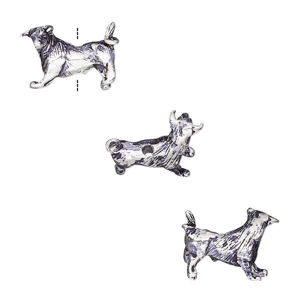 Bead, antique silver-plated brass, 14.5x10mm vertically-drilled 3D bull. Sold individually. image number 0