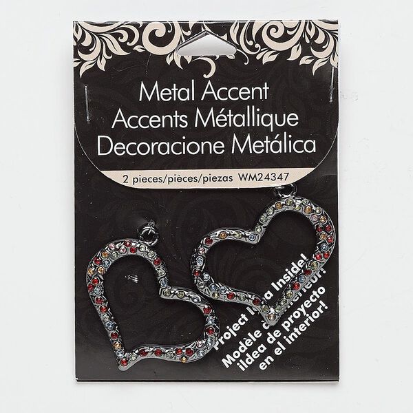 Focal, glass rhinestone and gunmetal-finished "pewter" (zinc-based alloy), multicolored, 57x35mm open heart. Sold per pkg of 2. image number 0