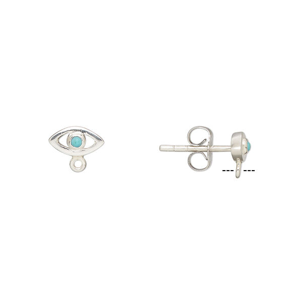 Earstud, sterling silver and "turquoise" (resin) (imitation), 8x4mm evil eye with closed loop. Sold per pair. image number 0