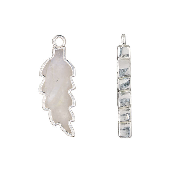 Drop, sterling silver and rainbow moonstone (natural), 23x10mm hand-cut double-sided flat feather, Mohs hardness 6 to 6-1/2. Sold individually. image number 0