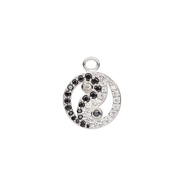 Charm, sterling silver and cubic zirconia, black and clear, 14mm single-sided flat round with yin-yang design. Sold individually. image number 0