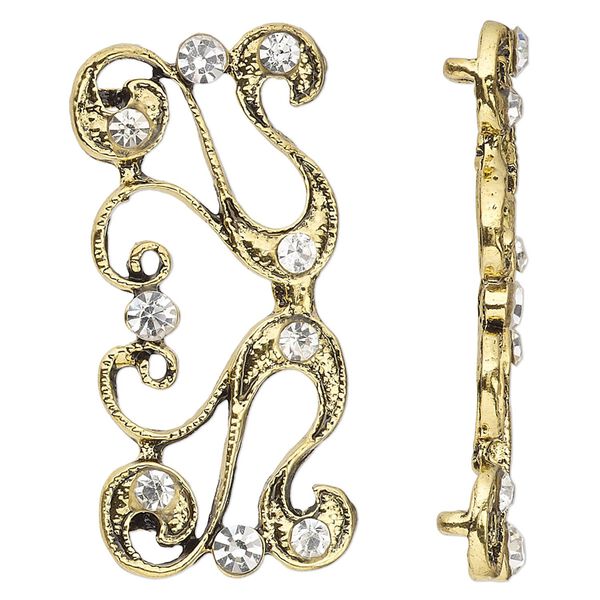 Spacer, antiqued gold-finished "pewter" (zinc-based alloy) and Czech glass rhinestone, clear, 40x19mm 2-strand fancy rectangle. Sold per pkg of 4. image number 0