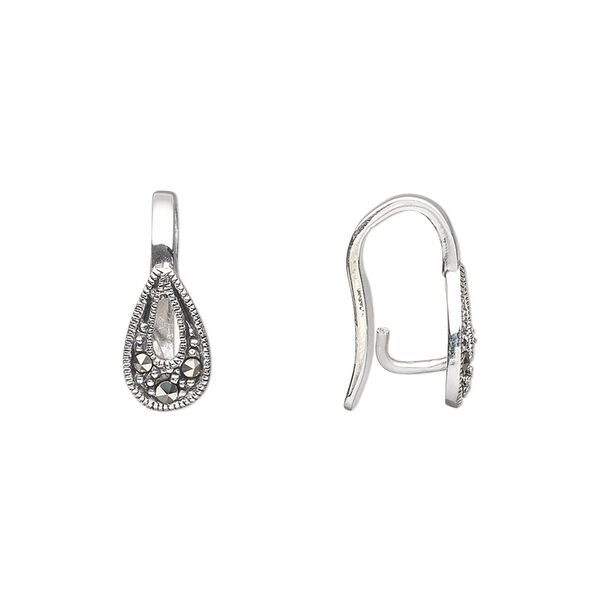 Bail, prong, sterling silver and marcasite, 3 stones, 16x6mm teardrop with 11mm grip length. Sold individually. image number 0