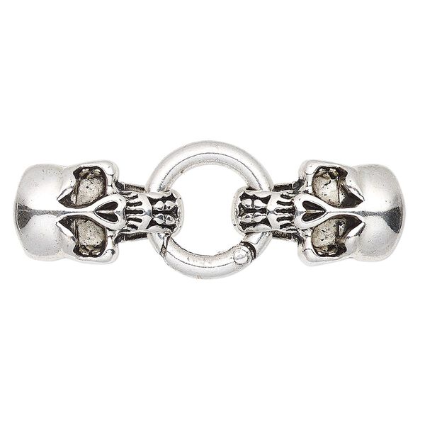 Clasp, self-closing hook, antique silver-finished "pewter" (zinc-based alloy), 57x20mm with 26x15.5mm skull and 20mm jump ring with glue-in ends, 11x5mm inside diameter. Sold individually. image number 0