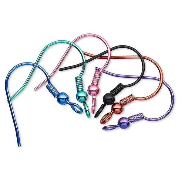 Ear wire fishhook assortment 1pkg12, 19mm / 3mm ball / 4mm coil / open loop, 21 gauge brass / electro-coated assorted colors 6 pair image number 0
