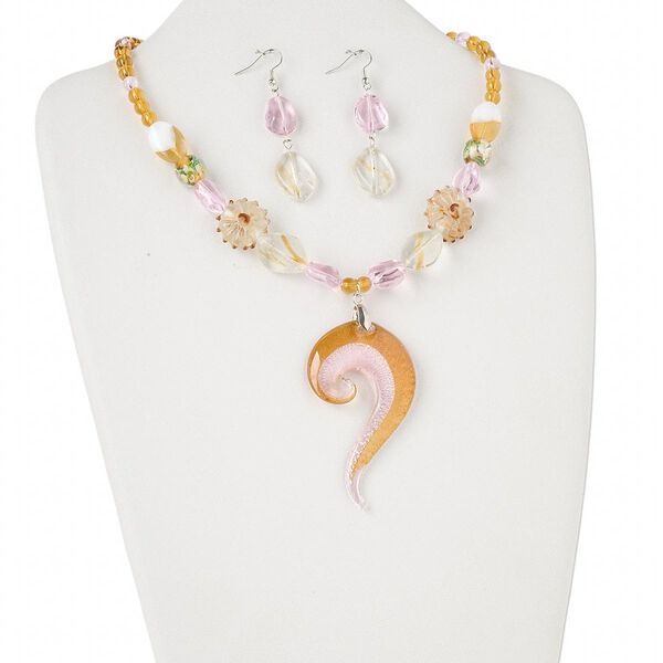 Necklace and earring set, glass and nickel-finished steel, multicolored, 70x40mm swirl focal, 18 inches with 2-inch extender chain and lobster claw clasp. Sold per set. image number 0