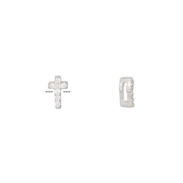 Slide, sterling silver and cubic zirconia, clear, 8x5mm single-sided cross, 5x1mm hole. Sold individually. image number 0