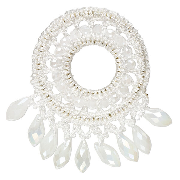 Focal, glass / nylon / steel, white AB, 58x56mm-64x62mm open round with fringe. Sold individually. image number 0