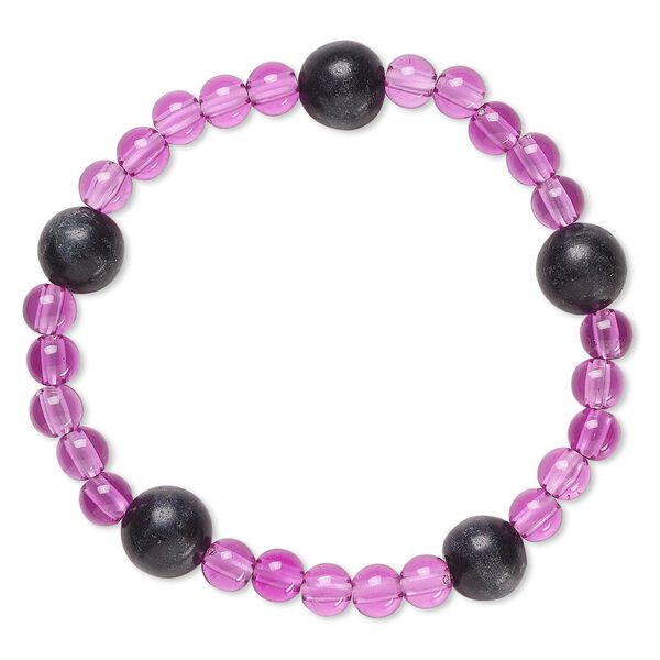 Bracelet, stretch, blackstone (dyed) and acrylic, purple, 5mm and 9-10mm round, 6 inches. Sold individually. image number 0
