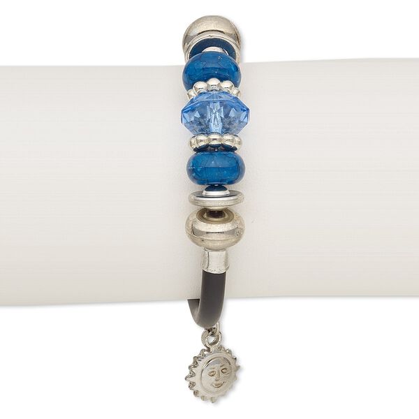 Bracelet, wrap, resin / acrylic / imitation leather / silver-coated plastic / silver-plated steel, black and blue, 15mm wide, 7-1/2 inches. Sold individually. image number 0