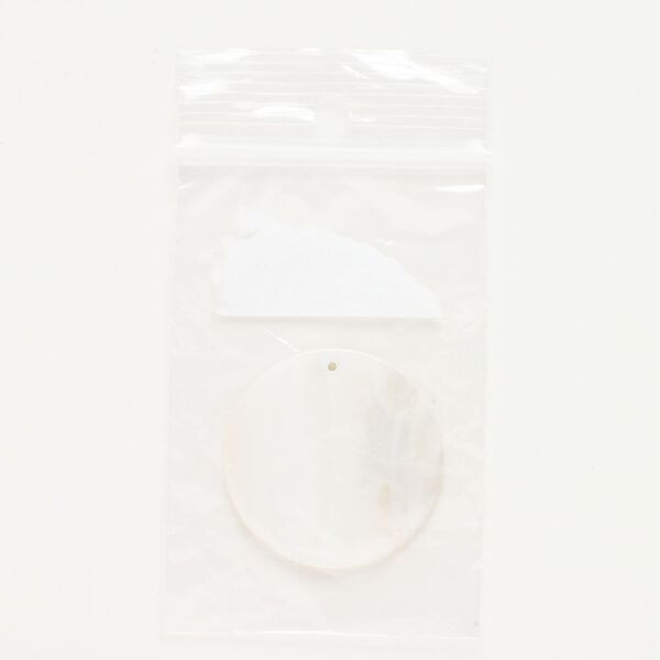 Focal, mother-of-pearl shell (bleached), 35mm top-drilled flat round, Mohs hardness 3-1/2. Sold individually. image number 0