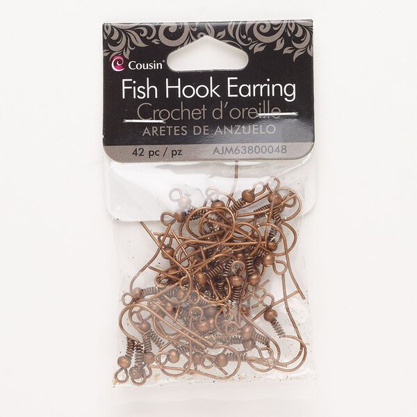 Ear wire fishhook 1pkg42, 19mm / 4mm coil / 3mm ball, 21 gauge antique copper-finished steel 21 pair image number 0