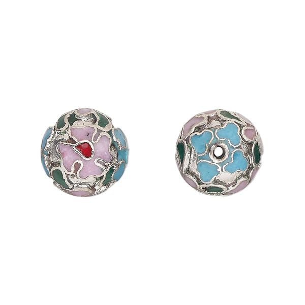 Bead, cloisonné, enamel and silver-plated copper, multicolored, 12mm round. Sold per pkg of 10. image number 0