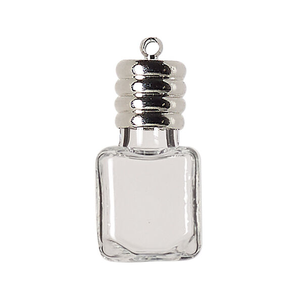 Drop, lampworked glass and silver-finished brass, clear, 26x14mm-28x15mm square bottle with cap, 5.5mm hole. Sold individually. image number 0