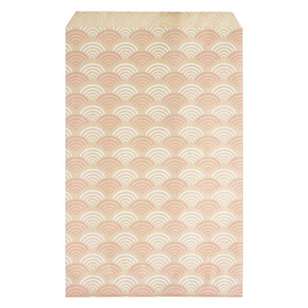 Bag, paper, brown, white and pink, 9x6 inch rectangle with fan-print and scalloped top edge. Sold per pkg of 100. image number 0