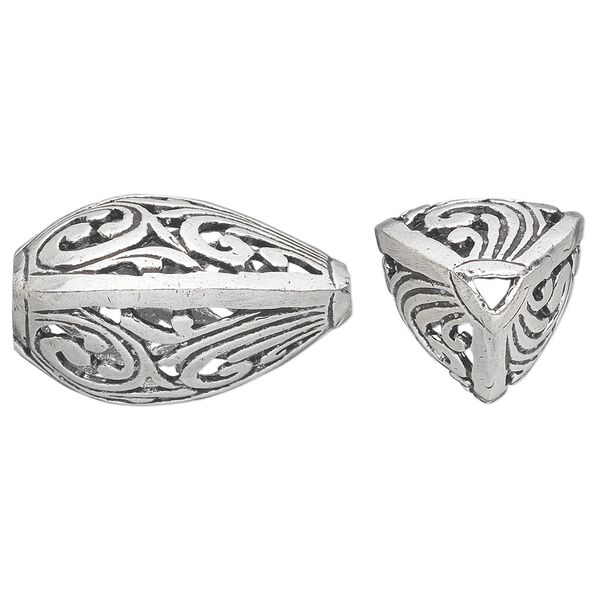 Bead, antique silver-plated white brass, 30x18mm fancy puffed triangle with open swirls. Sold individually. image number 0