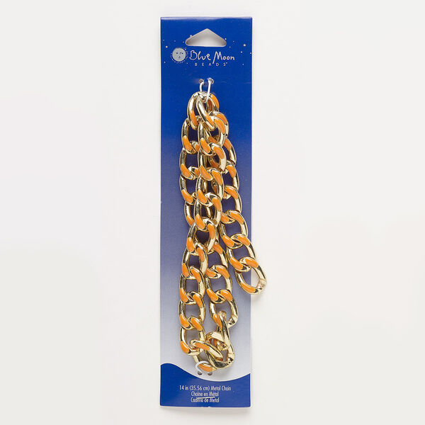 Chain, enamel and gold-finished steel, orange, 14mm curb. Sold per pkg of 14 inches. image number 0