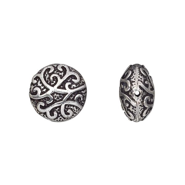 Bead, antique silver-plated brass, 14mm fancy puffed flat round. Sold per pkg of 2. image number 0