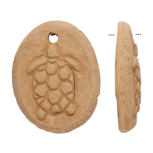 Focal, terra cotta, 31x25mm-33x27mm single-sided flat oval with turtle design, Sold per pkg of 2. image number 0
