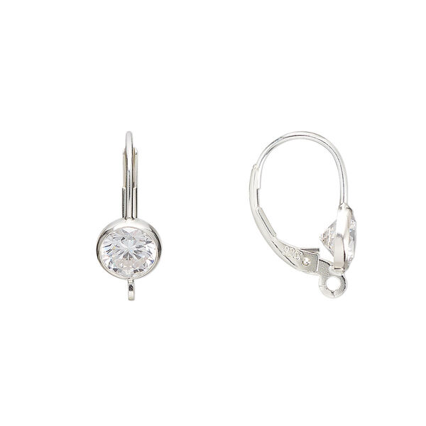 Ear wire leverback 1pkg2 sterling silver / cubic zirconia, 17mm / 6mm faceted round / open loop, clear 1 pair image number 0