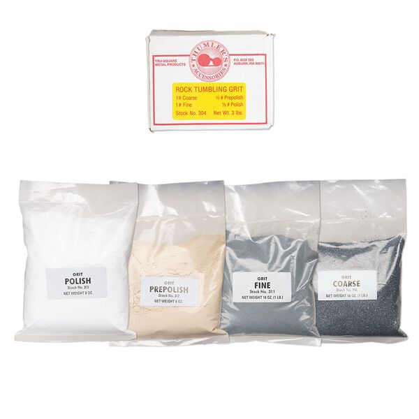 Tumbling abrasive, silicone carbide and aluminum oxide, coarse / fine / pre-polish / polish compound, 3 pounds. Sold per 4-piece set. image number 0