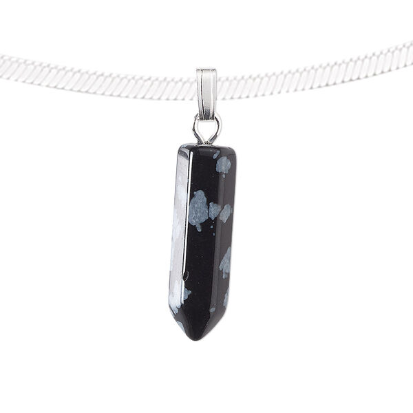 Snowflake obsidian / "pewter" (zinc based alloy) 1pkg1, silver-plated point pendant natural 21x6mm image number 0