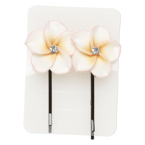 Hairpin, polymer clay / glass rhinestone / steel, multicolored, 60x30mm with flower. Sold per pkg of 2. image number 0