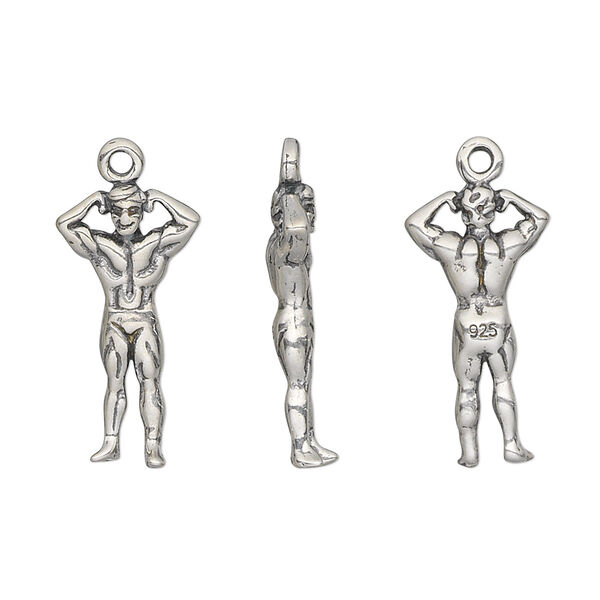 Charm, antiqued sterling silver, 21x10.5mm double-sided bodybuilder. Sold individually. image number 0