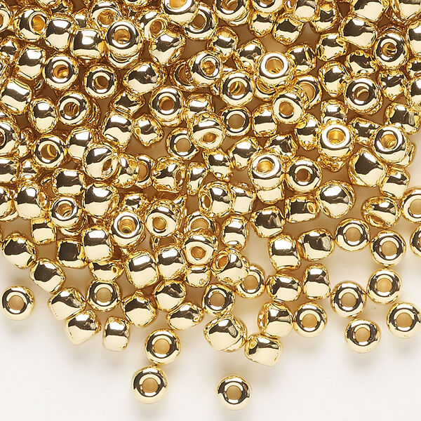 Seed bead, Dyna-Mites™, glass, opaque 24Kt gold-plated, #6 round. Sold per 40-gram pkg. image number 0