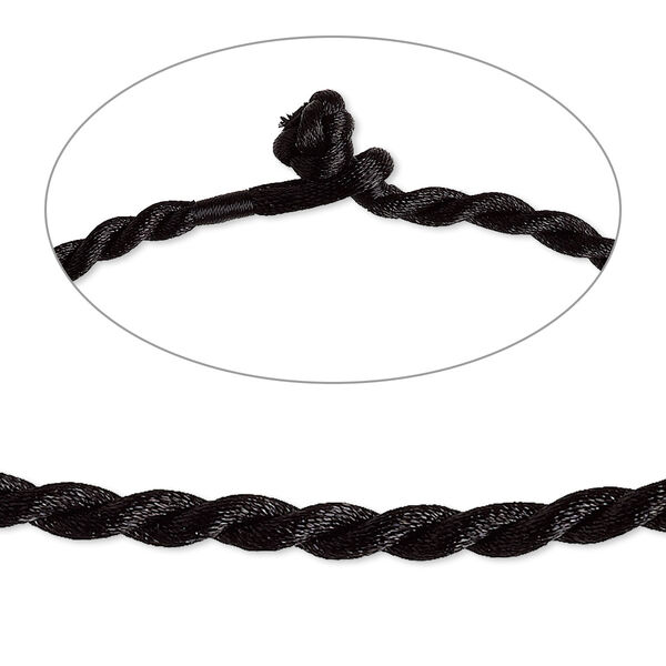 Necklace cord, satin-finished nylon, black, 5mm smooth twist, 20 inches with knot closure. Sold per pkg of 2. image number 0