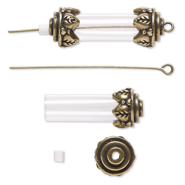 Focal, acrylic with antique brass-finished brass and "pewter" (zinc-based alloy), clear, 34x12mm with 25x8mm round tube and removable ends, 2-inch eye pin. Sold per pkg of 2. image number 0
