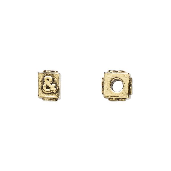 Bead, antique gold-plated pewter (tin-based alloy), 8x6mm rectangle with "&" symbol. Sold per pkg of 4. image number 0