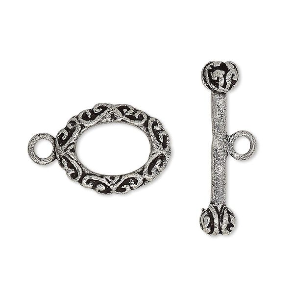 Clasp, toggle, antique silver-plated brass, 17x14mm oval with scroll design. Sold individually. image number 0