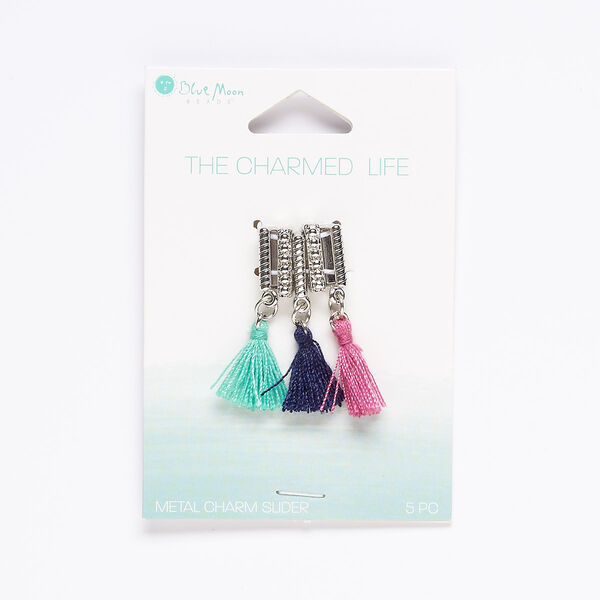 Slide mix, cotton / silver-finished "pewter" (zinc-based alloy) / steel, green / dark blue / pink, (2) 13x3mm rectangle and (3) 36x2mm rectangle with tassel and 10x2.5mm hole. Sold per pkg of 5. image number 0