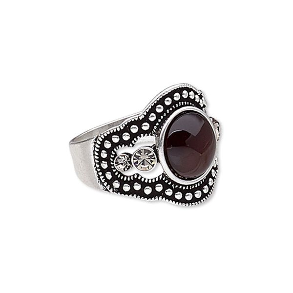 Ring, glass rhinestone / resin / antique silver-plated "pewter" (zinc-based alloy), brown and clear, 19mm wide with round, size 8. Sold individually. image number 0
