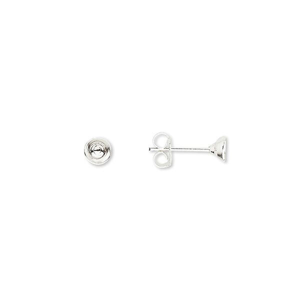 Earstud 1pkg10 sterling silver, 4mm cup / 5-6mm round glue-in setting / earnuts, 5 pair image number 0