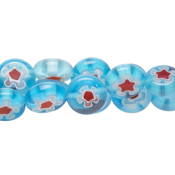 Bead mix, millefiori glass, translucent red / blue / white / clear, puffed flat round 10-11mm with flower design. Sold per (3) 14-inch strands. image number 0
