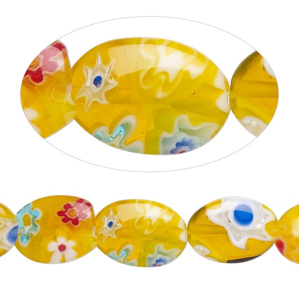 Bead, millefiori glass, golden yellow, 8x6mm flat oval with flower design. Sold per 14-inch strand. image number 0