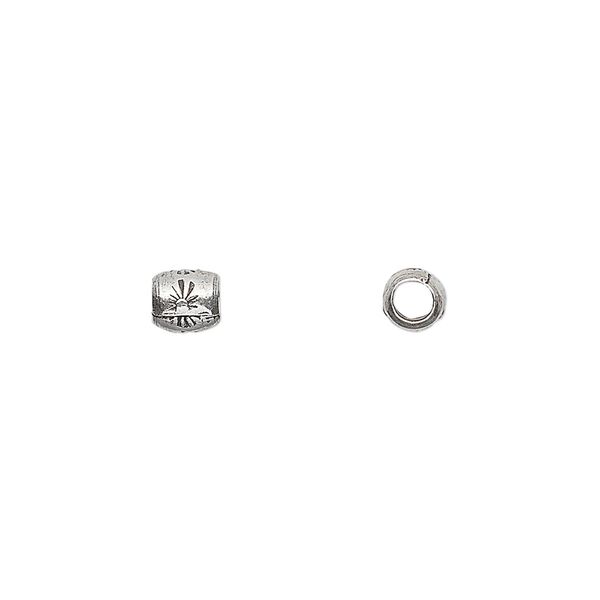 Bead, Hill Tribes, antiqued sterling silver, 5mm round tube with sun design. Sold per pkg of 6. image number 0
